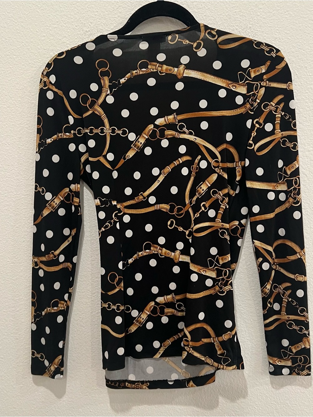 Vtg Cache women’s wrap blouse XS gold chain metallic detail polka dot mob wife - Picture 5 of 7
